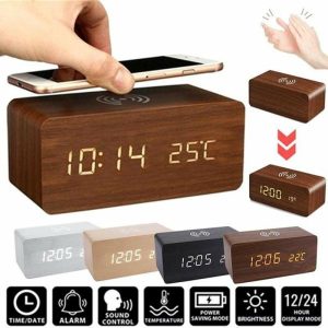 Clocks | 2022 Sound Control Led Digital Alarm Clock Wooden Design Thermometer Qi Wireless Charging Pad Desk Clock Clocks black