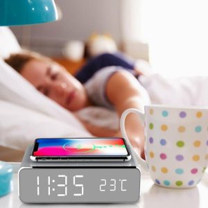 Clocks | 3 In 1 Desk Table Bedroom Digital Alarm Clock Wireless  Charger Phone Charger Weather Centigrade Clocks black