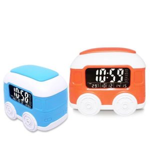 Clocks | Children Big Bus Alarm Clock Multi-Function Electronic Clock English Broadcast Snooze Table Clock With Temperature Calendar Display Clocks blue