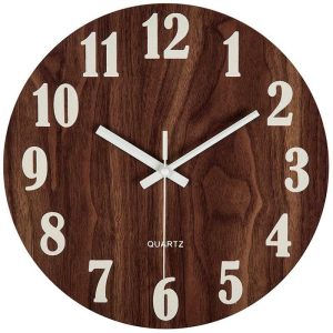 Clocks | Original 12 Inch Brown Night Light Function Wooden Wall Clock Vintage Rustic Country Tuscan Style For Kitchen Office Home Silent Clocks brown