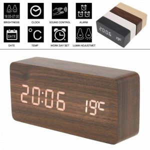 Clocks | Wooden Alarm Clock Led Table Clock Voice Control Time Date Temperature Display Digital Rectangle Desktop Clocks Clocks black