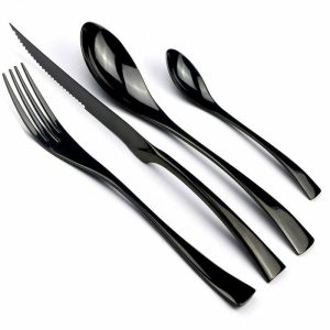 Curtain Decorative Accessories | 24 Pcs Shiny Black Dinnerware Cutlery Set Stainless Steel Sharp Steak Dinner Knives Forks Scoops Tableware Silverware Set Curtain Decorative Accessories black