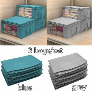 Curtain Decorative Accessories | 3Pcs Clothing Wardrobe Organizer Bag Clothes Blanket Quilt Closet Box Bag Home Foldable Storage Curtain Decorative Accessories blue