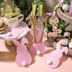 Curtain Decorative Accessories | 4Pcs Easter Bunny Cutlery Holder Plush Tail Decor Rabbit Shape Cutlery Cover Cutter Fork Bag Happy Easter Party Decoration Curtain Decorative Accessories blue