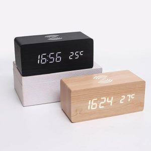 Curtain Decorative Accessories | Digital Wooden Alarm Clock Electronic Led Time Display For Bedroom 10W Wireless Charging 3 Alarm Clocks black