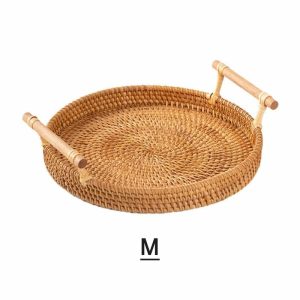 Curtain Decorative Accessories | Round Rattan Bread Basket Woven Serving Tray With Handles For Cracker Dinner Parties Coffee Curtain Decorative Accessories Curtain Decorative Accessories