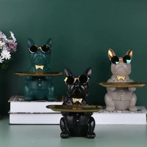 Figurines & Miniatures | Home Decoration Storage Ornaments French Bulldog Sculpture Dog Statue Decorative Figurine Storage Entrance Key Snack Holder With Glasses Figurines & Miniatures black