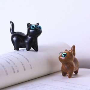 Figurines & Miniatures | Kawaii Cat Miniature Figurines Handmade Sandalwood Carving Kitty Sculpture Desk Ornaments Fairy Garden Room Decor Birthday Gift Figurines & Miniatures black