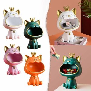 Figurines & Miniatures | (Qunide) Laughing Cat Statue Big Mouth Cat Storage Box Cat Cat Sculpture Cat Storage Box Key Bowl Jewelry Tray Figurines & Miniatures dark green