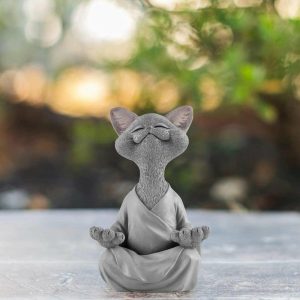 Figurines & Miniatures | Whimsical Gray Buddha Cat Figurine Meditation Yoga Collectible Happy Cat Decor Figurines & Miniatures as the picture