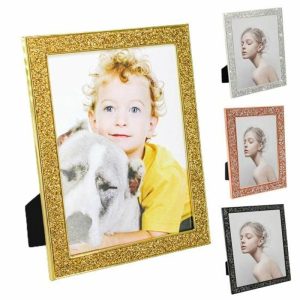 Frame | 5/6/7 Inch Photo Frame Shiny Rhinestone Edge Electroplated Stainless Standing Anti-Skid Luxury Oblong Glitter Wall Mounting Table Top Display Frame black