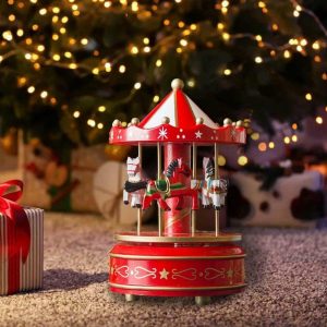 Music Boxes | Christmas Wooden Carousel Music Box Ornament Hand Painted Turn Horse Shaped Rotating For Valentine Music Boxes blue