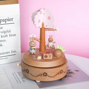 Music Boxes | Creative Wooden Music Box Printing Rabbit Music Box Girl Heart Pink Birthday Gift Wooden Music Boxes brown