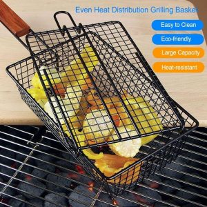 Curtain Decorative Accessories | Grilling Nonstick Grill Basket With Lid Metal Barbecue Basket With Foldable Removeable Wooden Curtain Decorative Accessories Curtain Decorative Accessories