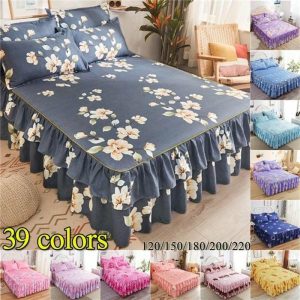 Curtain Decorative Accessories | 3Pcs Sheet With 2 Pillowcase Flower Pattern Printed Bed Sheets Ruffled Elastic Bed Skirt Soft Non-Slip Mattress Cover Bedding Curtain Decorative Accessories as the picture